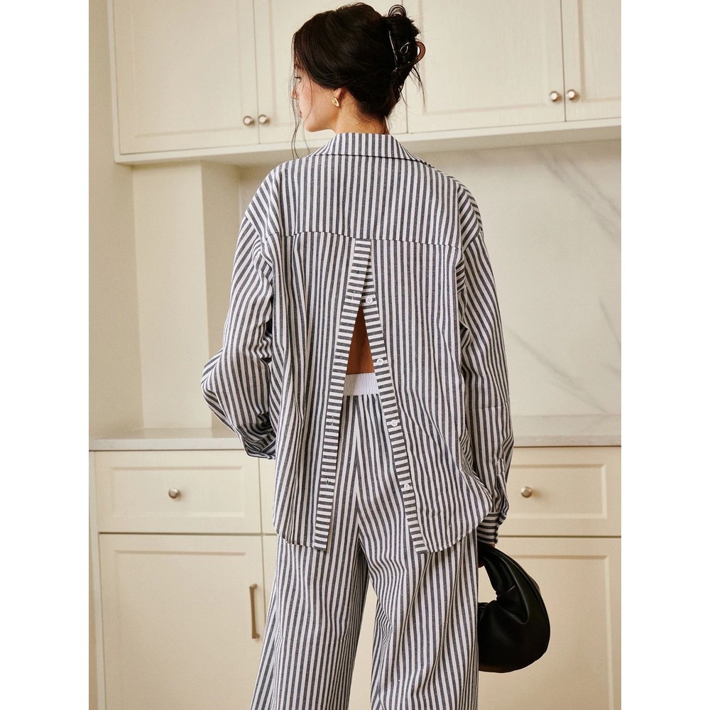 Commense Cotton & Linen Pinstripe Loose Shirt XL